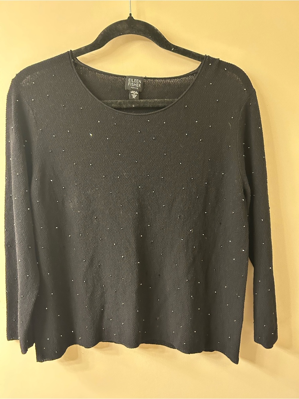 Eileen Fisher Black Long-Sleeve Crewneck Sweater with Subtle Bead Accents